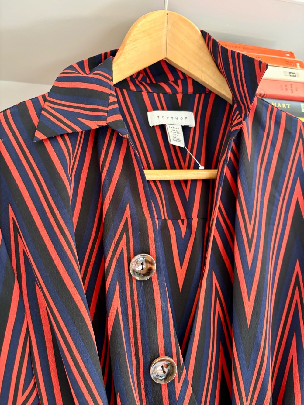 TOPSHOP Striped Belted Shirt Dress in Navy and Red - Picture 2 of 4